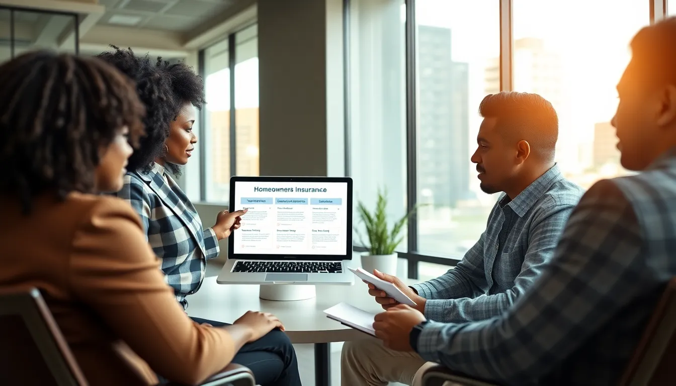 diverse professionals discussing homeowners insurance in a modern office.
