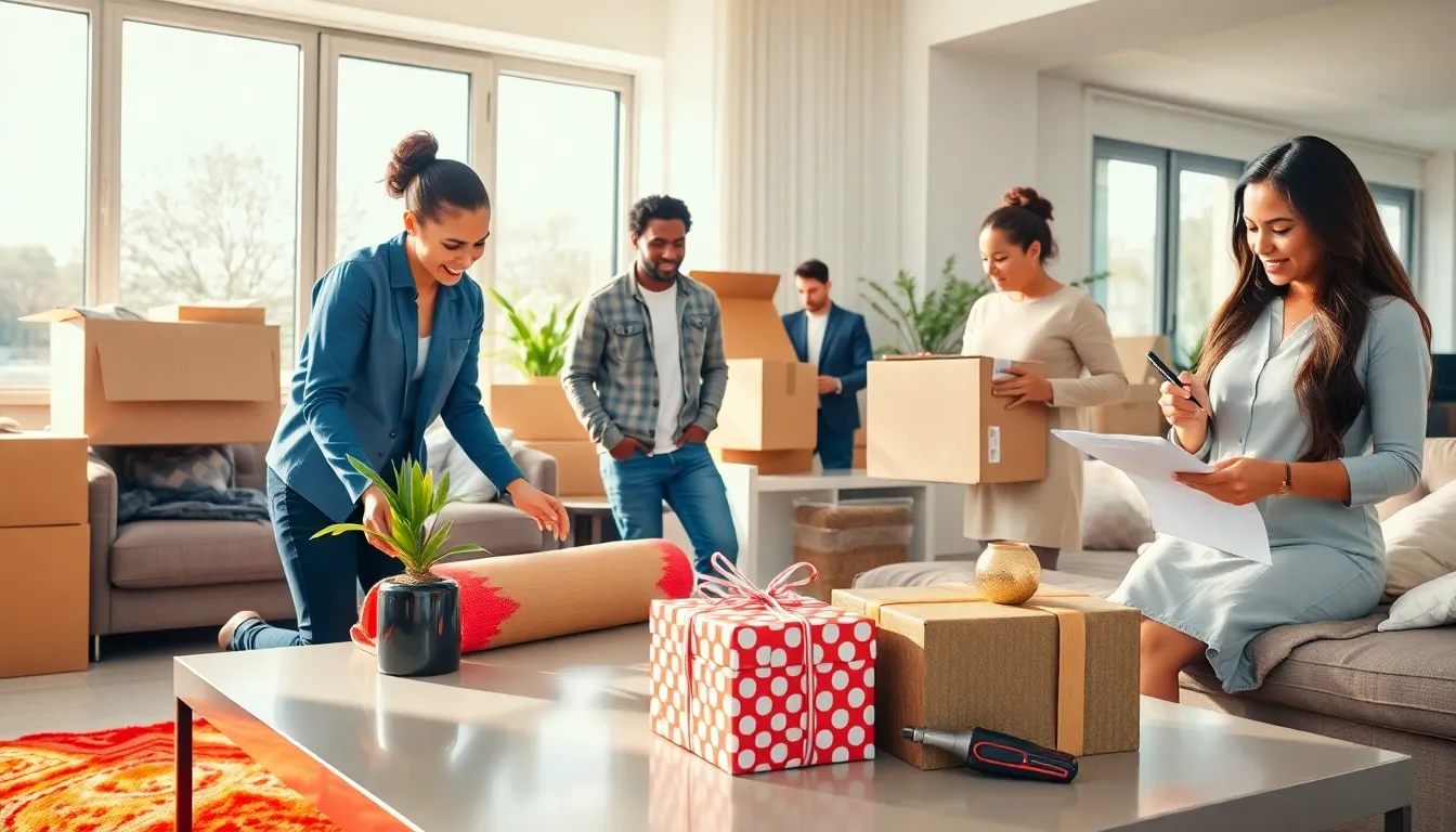 diverse group unpacking gifts in a cozy living room.