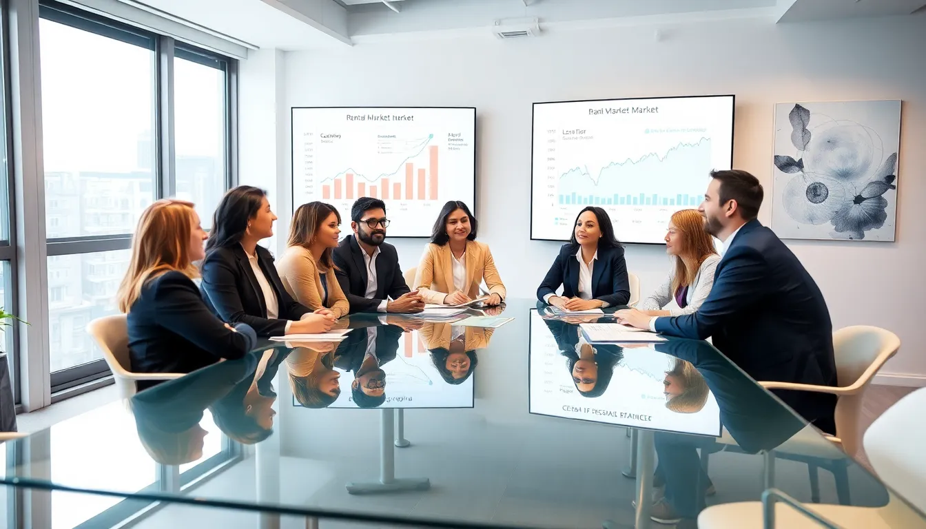 diverse team discussing rental market trends in a modern office.