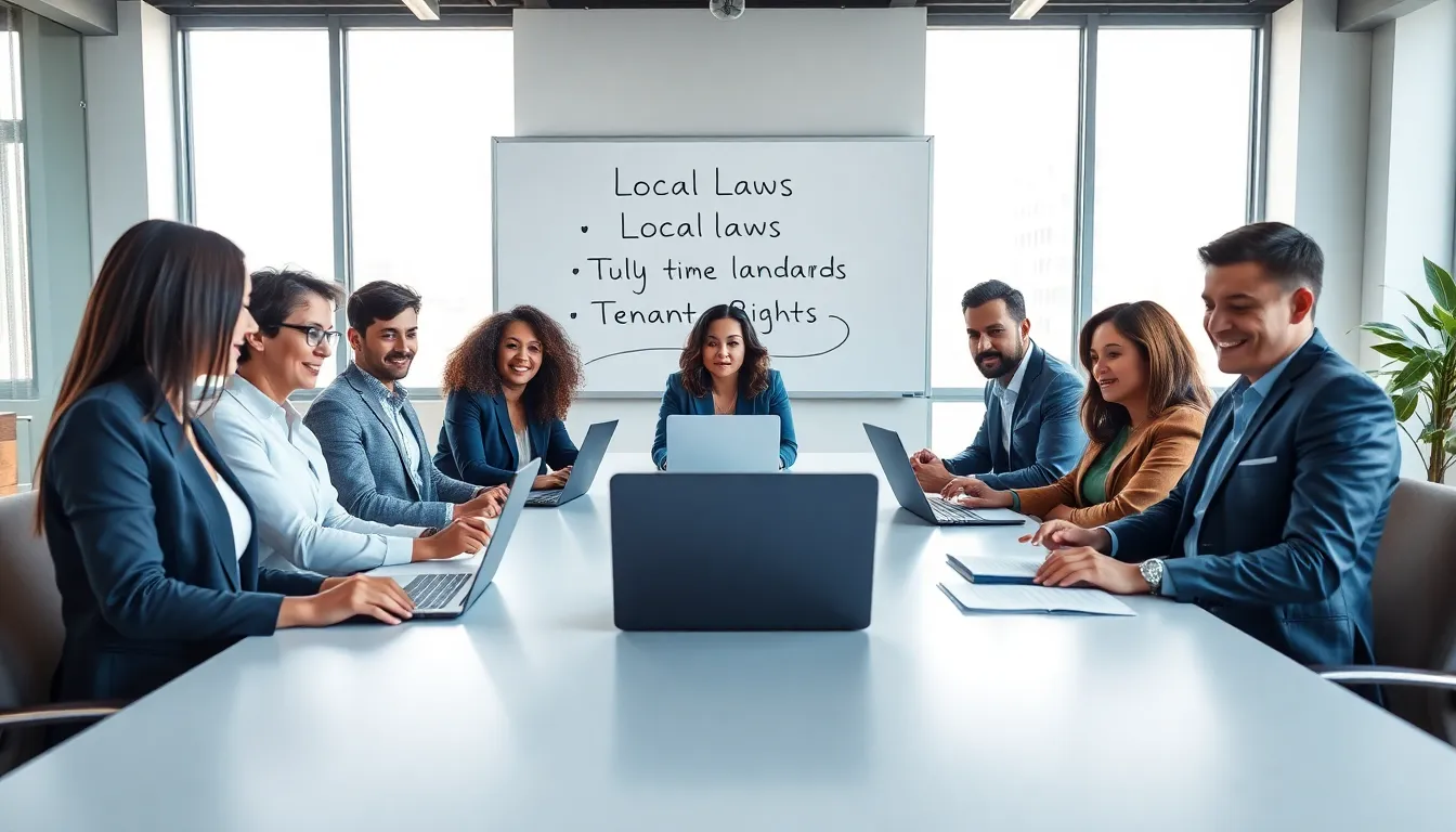 diverse group of new landlords discussing responsibilities in a modern office.