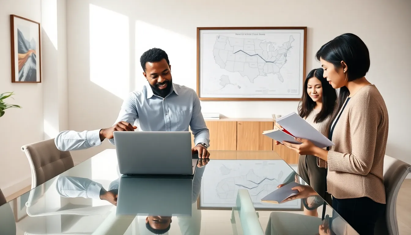 diverse professionals discussing rental market strategies in an office.