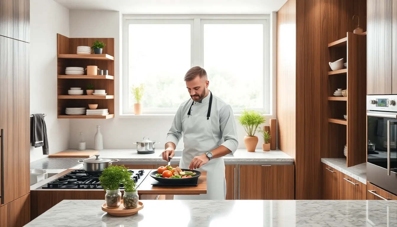 modern kitchen with functional corner design and professional chef.