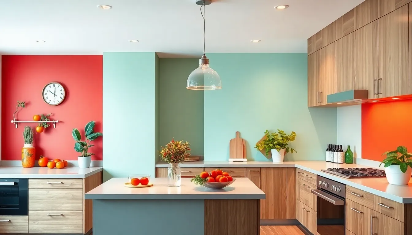 modern kitchen showcasing warm and cool paint colors.